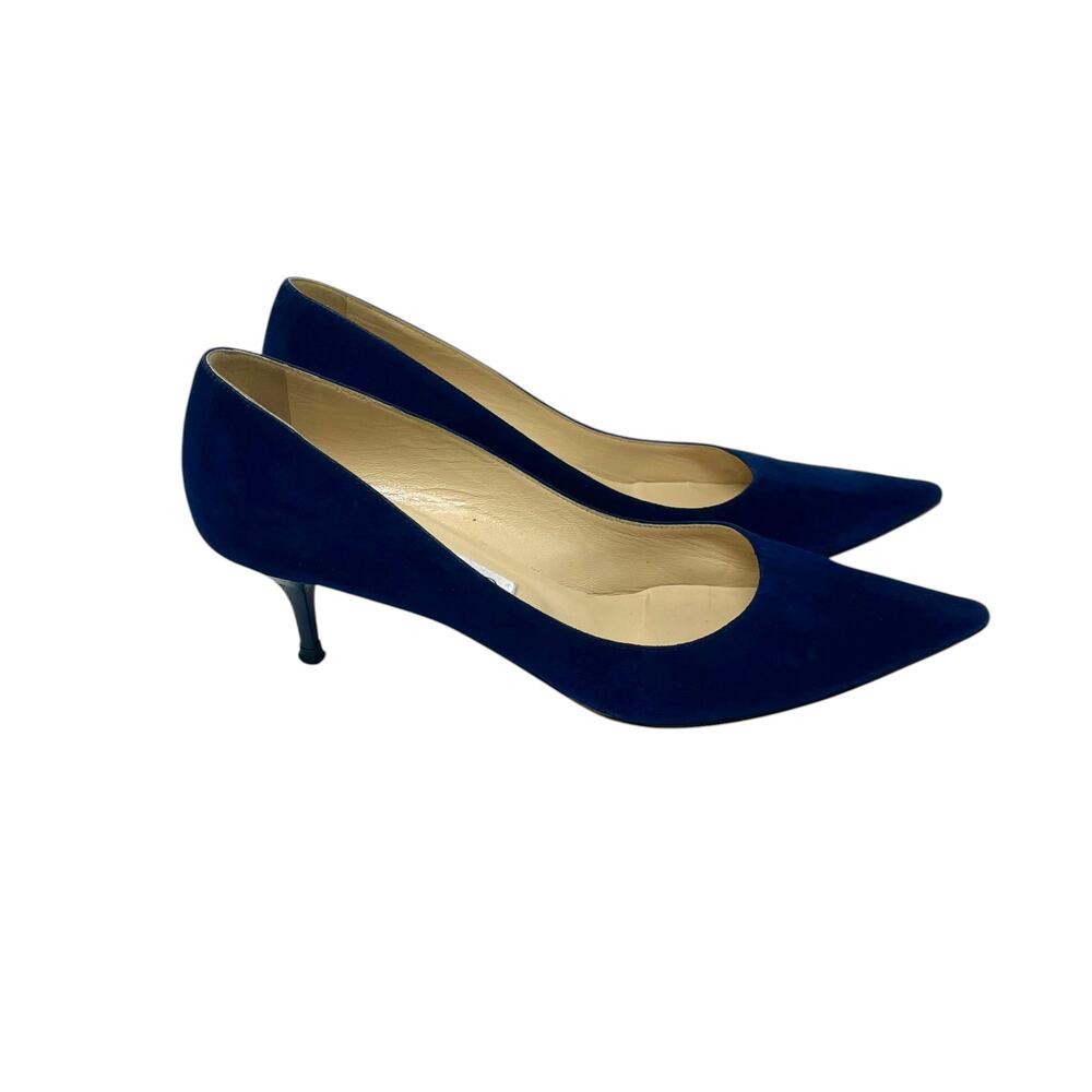 Jimmy Choo Aza Navy Blue Suede Pointed Toe Kitten Heel Pumps - Size 37.5